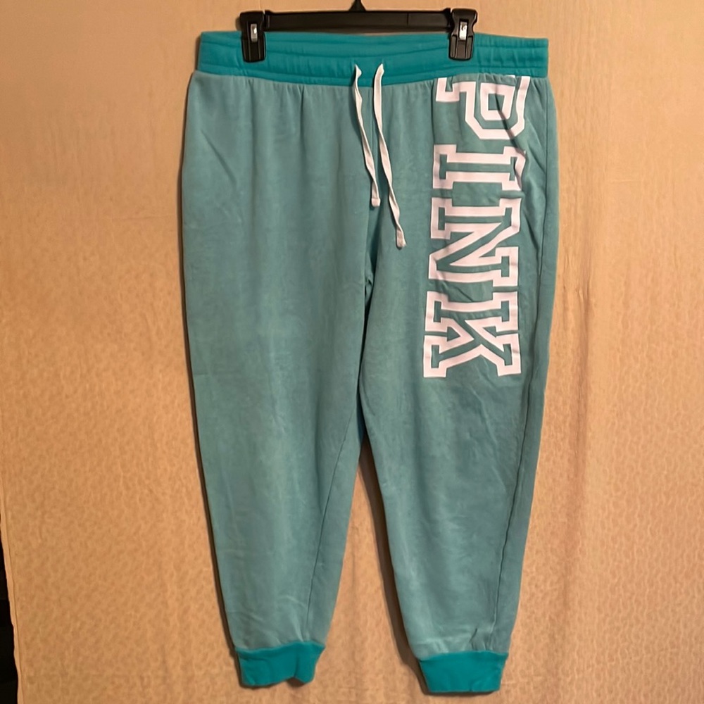 PINK teal sweatpants, size large